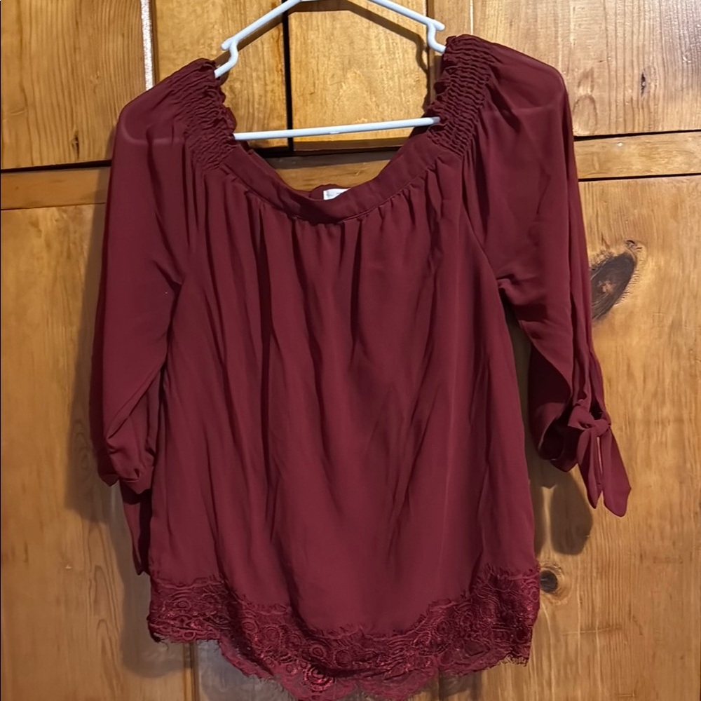 Women's Burgundy Top with Lace Trim